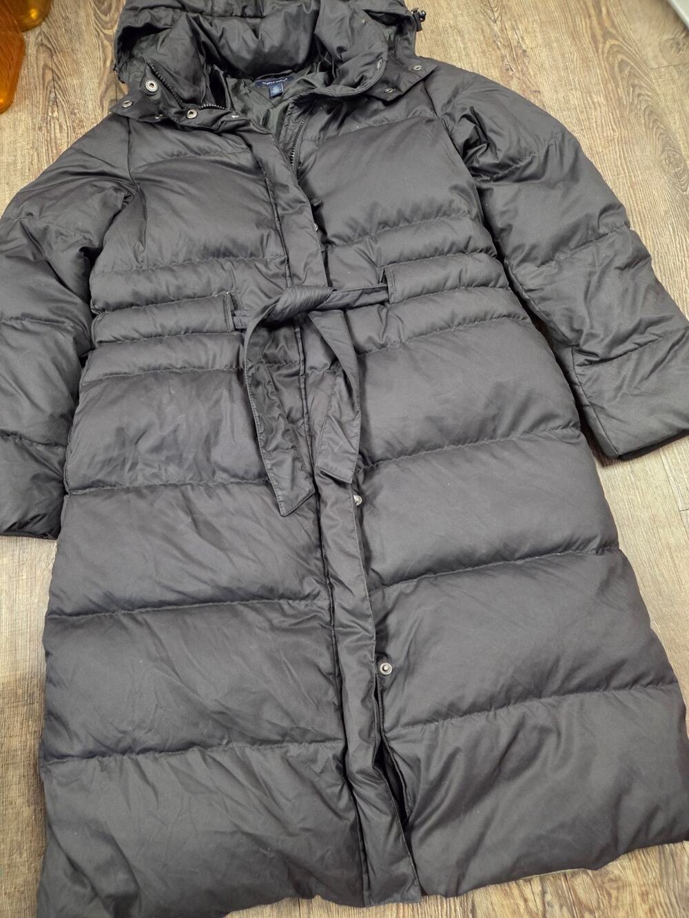 TOMMY HILFIGER Black Down Belted Puffer Coat Trench Women's Large Hooded